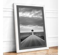 Tree at Road's End Minimalist Framed Wall Art Print A4 (29.7×21cm) White,