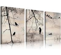 Tree Branch Framed Canvas Wall Art Set,Black Birds in Tree Silhouette art Prinr,Black & White Thin Tree Branch Birds Silhouettes Nature Plants Art,Minimalist Vintage Art Modern Farmhouse Wall Decor -
