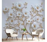 Tree Branches Flowers Wallpaper for Living Room, Non-Woven Three-Dimensional Relief Style Murals Wall Papers, White Panoramic Photo Wallpaper, for Kitchen Bedroom TV Backdrop Kids Room 200 x 140 cm