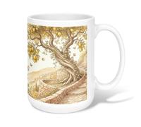 Tree Ceramic Coffee Mug, Nature Rustic Lemon Stone Path Spring Yellow Novelty Tea Cup with Handle Ideal for Friendship Family Colleague Staff Sweetheart Teachers 15 Oz