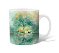Tree Ceramic Coffee Mug, Nature Serene Water Lily Butterfly Spring Green Novelty Tea Mug with Handle Gift for Friends Family Coworkers Teachers Couples Employees 15 Oz