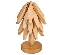 Tree Design Wooden Cooking Trivet Collection Featuring Four Distinctive Pieces and Space Saving Storage Base (A)