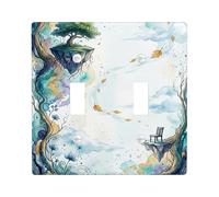 Tree Double Light Switch Cover Plate, Fantasy Fanciful Clouds Leaves Fall Blue Plastic Standard Size Decorative Wall Plates for New Apartment Home Bedroom Office Decor