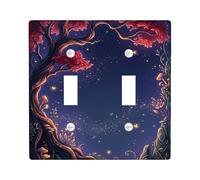 Tree Double Light Switch Cover Plate, Fantasy Nature Stars Leaves Fall Dark Blue Plastic Standard Size Wall Switch Plates Accents for New Apartment Home Bedroom Office Decor