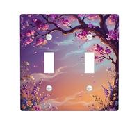Tree Double Light Switch Cover Plate, Spring Nature Flowers Leaves Spring Violet Plastic Standard Size Switch Plate Decorative for New Apartment Home Bedroom Office Decor