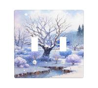 Tree Double Light Switch Cover Plate, Winter Nature Snow River Winter Blue Plastic Standard Size Toggle Light Switch Cover for Living Room Bedroom Home Office Decor