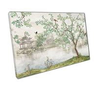 Tree Edging A Lake In Japan With Crane Birds In Traditional Japanese Garden Painting Wall Art Print On Canvas Picture For Home Office Decor 30x20cm (12x8In)