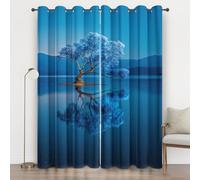 Tree Fantasy Blackout Curtains 110 Inches Long, Lake Mountain Eyelet Curtains, Thermal Insulated for Living Room Bedroom Window Privacy Drapes 2 Panels Home Decor, Azure Blue H55wu