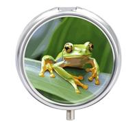 Tree Frog Pill Box 3 Compartment Portable Travel Pill Case with Mirror Round Metal Medicines Storage Container Pocket Medicine Box to Hold Vitamins Fish Oil