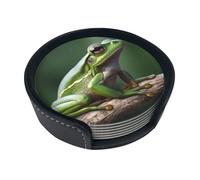 Tree Frog Round Leather Coasters, 4 Inch Stain and Scald Resistant Drink Coaster (Set of 6) with Storage Case for Home Table Decoration and Protection