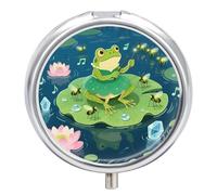 Tree Frog with Fireflies Pill Box Travel Pill Organizer 3-Compartment with Mirror Design Portable Round Medicine Case for Vitamins, Jewelry & Essentials Durable Pocket Pillcase for Purse, Camping