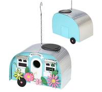 Tree Hanging Caravan Bird House - Colorful Metal Nesting Box with 10 LED Solar String Lights for Outdoor Garden Décor