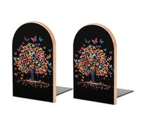 Tree of Colorful Butterfly 1 Pair Wooden Book Ends for Shelves Stylish Decorative Bookends Stationery for Office Home Library