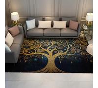 Tree of Life Area Rug 90x150 Machine Washable Area Rugs for Living Room Non-slip Stain Resistant Abstract Spiral Pattern Bedroom Rugs Gold Midnight Blue Galaxy Throw Rug Foldable Dining Room Carpet