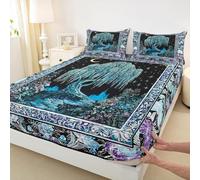 Tree of Life Bedding Set for Girls Boys Boho Exotic Style Flowers Fitted Sheet Starry Galaxy Bed Cover Room Decor Green Purple Black Sheet Set with 1 Pillowcase,No Top Flat,Single