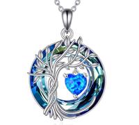 Tree of Life Birthstone Necklace for Women 925 Sterling Silver Tree of Life Jewelry Blue Opal Pendant October Birthstone Gemstone with Crystal Anniversary Birthday Christmas Gifts for Mother Wife