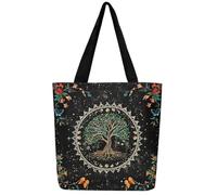 Tree of Life Canvas Tote Bag for Women,Butterfly Large Shoulder Bag,Sun and Moon Travel Toiletry Bag Botanical Flowers Exotic Reusable Grocery Shoulder Bag Bohemian Decor