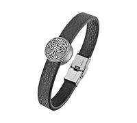 Tree of Life Charms Viking Vintage DIY Mens Leather Bracelet in Black Stainless Steel Automatic Button Clasp Religion Gift