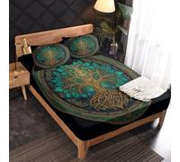 Tree of Life Fitted Sheet, Green Fantasy Bed Sheets Single Size, 1 Pillowcase - 30 cm Deep Pocket, Soft Microfiber Patterned Bedding Bedroom Decor - JZ350