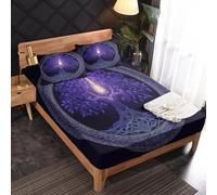 Tree of Life Fitted Sheet, Purple Fantasy Bed Sheets Single Size, 1 Pillowcase - 30 cm Deep Pocket, Soft Microfiber Patterned Bedding Bedroom Decor - JZ340