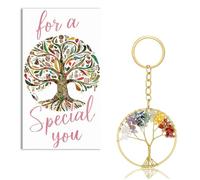 Tree of Life Keyring, 7 Chakra Gold Round Healing Crystal, Tree of Life Keychain with a Card for Women Ladies Friends, Healing Crystal Tumbled Stone, Positivity & Energy Balancing Relaxing Gift