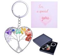 Tree of Life Keyring Gift Set, Heart-Shaped 7 Chakra Healing Crystal Keyring with Blessing Card, Natural Stone & Stainless Steel Spiritual Gifts for Women, Men, Friends Balancing