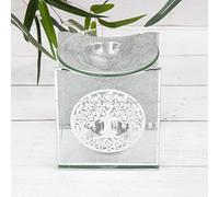 Tree of Life Mirrored Glass Silver Glitter Oil Wax Melt Tea Light Candle Burner