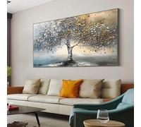 Tree of Life Oil Painting Print on Canvas Large Abstract Textured Blue Grey Blossom Tree Wall Art Modern Living Room Decor 75x150cm Frameless