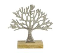 Tree of Life Ornament, 16.5cm Silver Metal Sculpture on Mango Wood Base | Tree Statue, Silver Metal Sculpture, Freestanding Tree Decor, Rustic Home Ornament, Living Room Decoration