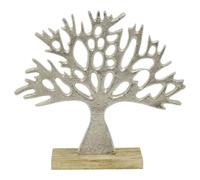 Tree of Life Ornament, 24cm Silver Metal Sculpture on Mango Wood Base