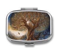 Tree of Life Pill Box 2 Compartment, Portable Pill Case with Mirror for Pocket Purse Travel, Mini Metal Medicine Organizer for Vitamins Fish Oil