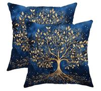 Tree of Life Pillow Covers Set of 2, Navy Blue Decorative Throw Pillows Case, Autumn Home Decor Cushion Covers for Sofa Bed Couch, Stylish Golden Floral Design 20x20 Inch