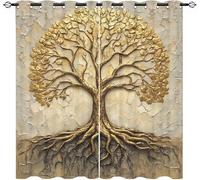 Tree Of Life Relief Blackout Privacy Curtain W 46" x L 72" (2 Panels) for Teens Playroom, Gold Opaque Eyelet Curtains Living Bedroom Decor, Thermal Insulated Anti-fade Drapes