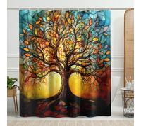 Tree of Life Shower Curtain, Colorful Artistic Tree Design Bathroom Decor, Autumn Winter Modern Stained Glass Style Waterproof Fabric Shower Curtain Set with Hooks 62x72 Inch