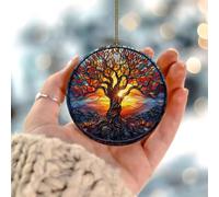 Tree of Life Stained Glass Christmas Ornaments Blooming Tree Pictures Round Porcelain Pendant Ceramic Double Sided Custom Souvenir for Holiday Decoration