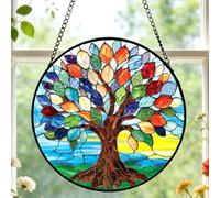 Tree of Life Stained Glass Sun Catcher, Glass Panel Suncatchers Window Hanging Colorful Tree Gift for Religious Home Decor, Mother's Day Birthday Gifts for Women Men 9.8 Inch