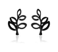 Tree of Life Stud Earrings, Simple Leaf Design Stainless Steel - Hypoallergenic Tiny Studs for Cartilage & Lobe, Everyday Minimalist Jewellery Gift (Black)