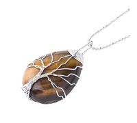 Tree Of Life Teardrop Crystal Necklace For Women Men Handmade Wire Wrap Natural Amulet Stone Pendant Reiki Energy Chakra Healing Spiritual Jewelry Gift Tiger Eye Sivler Chain