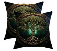Tree of Life Throw Pillow Covers Set of 2 Nature Plants Spiritual Mandala Meditation Mystery Forest Green Soft Velvet Standard Size Girl Women Home Bedroom Dorm Sofa Decor Cushion Cover 18x18inch