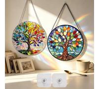 Tree of Life Wall Art - 2 Pack Acrylic Sun Catchers with Hanging Chain & Frame Sticker, Dual Mode Rainbow Window Decor for Home Garden Party, Tiffany Style Hanging Ornaments for Housewarming Gifts