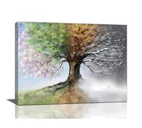Tree of Life Wall Art Four Season Trees Pictures Decor Rustic Nature Canvas Country Painting Modern Artwork Home Decorations for Bathroom Living Room Bedroom Office Framed 16"x12"