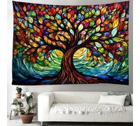 Tree of Life Wall Hanging Decor Tapestry with Stained Glass Colorful Wall Art Large Tapestry Mural Decor Photograph Backdrop Blanket Curtain Home Bedroom Living Room Decoration