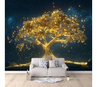 Tree of Life Wall Mural Golden Fantasy Tree of Life Photo Wallpaper 3D Wall Mural for Livingroom Bedroom, Non-Woven Wall Paper, Decor Poster Picture Mural 200 × 140 cm / 78.7" × 55.1"