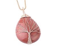 Tree Of Life Wire Wrapped Pendant Necklace For Women Men Natural Stone Pendant Necklaces With Gold Bead Chain Teardrop Shape Crystal Jewellery Accessories Red Jasper
