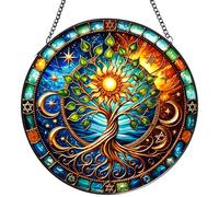 Tree of The Stars Stained Glass Suncatcher, 20cm/7.87inch Hanging Window Decor, Celestial Sun and Moon Ornament for Home, Garden, Festival Gift, Handmade Sun Catcher