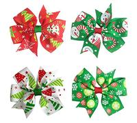 Tree Snowflake Snowman Xmas Christmas Hair Bows Clips Slides Grips 3" inch Snowflakes Snowman Trees - 4 Pack