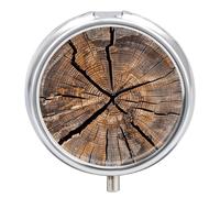 Tree Stump Wood Grain Pill Box 3 Compartment Travel Pill Organizer 3 Times A Day Cute Mini Pill Case for Purse & Pocket Portable Metal Medicine Box with Mirror Round Daily Medicine Vitamin Container