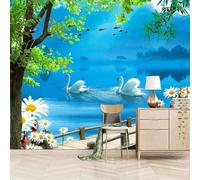 Tree Swan Blue Lake Flower 3D Wallpaper Premium Textured Silk Study Dining Living Room Bedroom Sofa TV Wall Easy Install-200cm×140cm