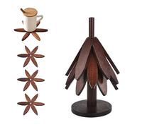 Tree Trivet Set with Christmas Tree Stand, 3 Flower-Shaped Foldable Drink Coasters for Mugs & Water Glasses, Decorative Table Protector for Home Kitchen Dining (Walnut Color)
