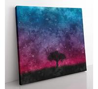 Tree Under the Cosmos Painting Modern Canvas Wall Art Print Ready to Hang, Framed Picture for Living Room Bedroom Home Office Décor, 35x35 cm (14x14 Inch)